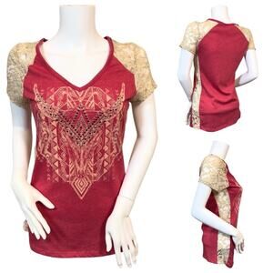 #T169 Daytrip Red Studded Lace Inset Short Sleeve T Shirt SZ M $34
